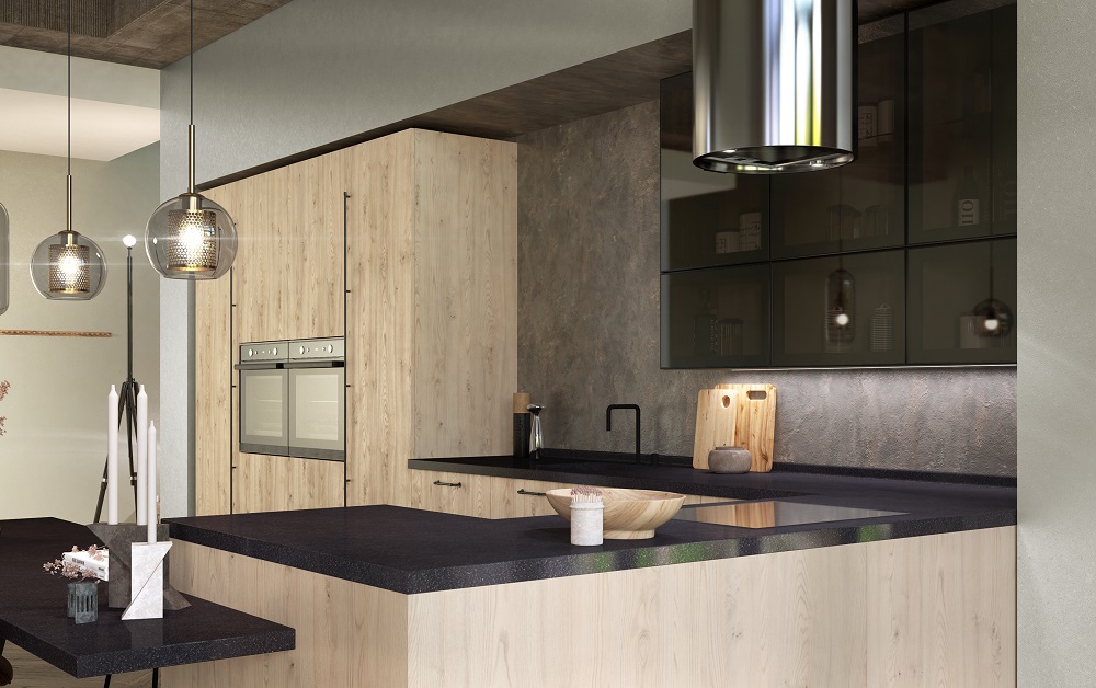 Кухня Стоун Вуд с тонированными стёклами